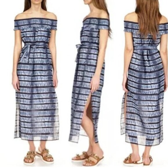 NWT Michael Kors Women's Striped Off-Shoulder Chambray Maxi Dress - Picture 1 of 6